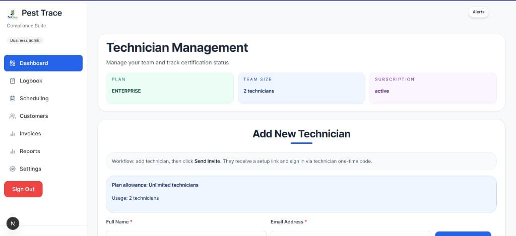 PestTrace technician management and team dashboard