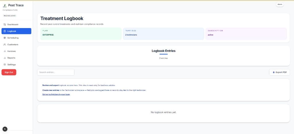 PestTrace treatment logbook on a job record